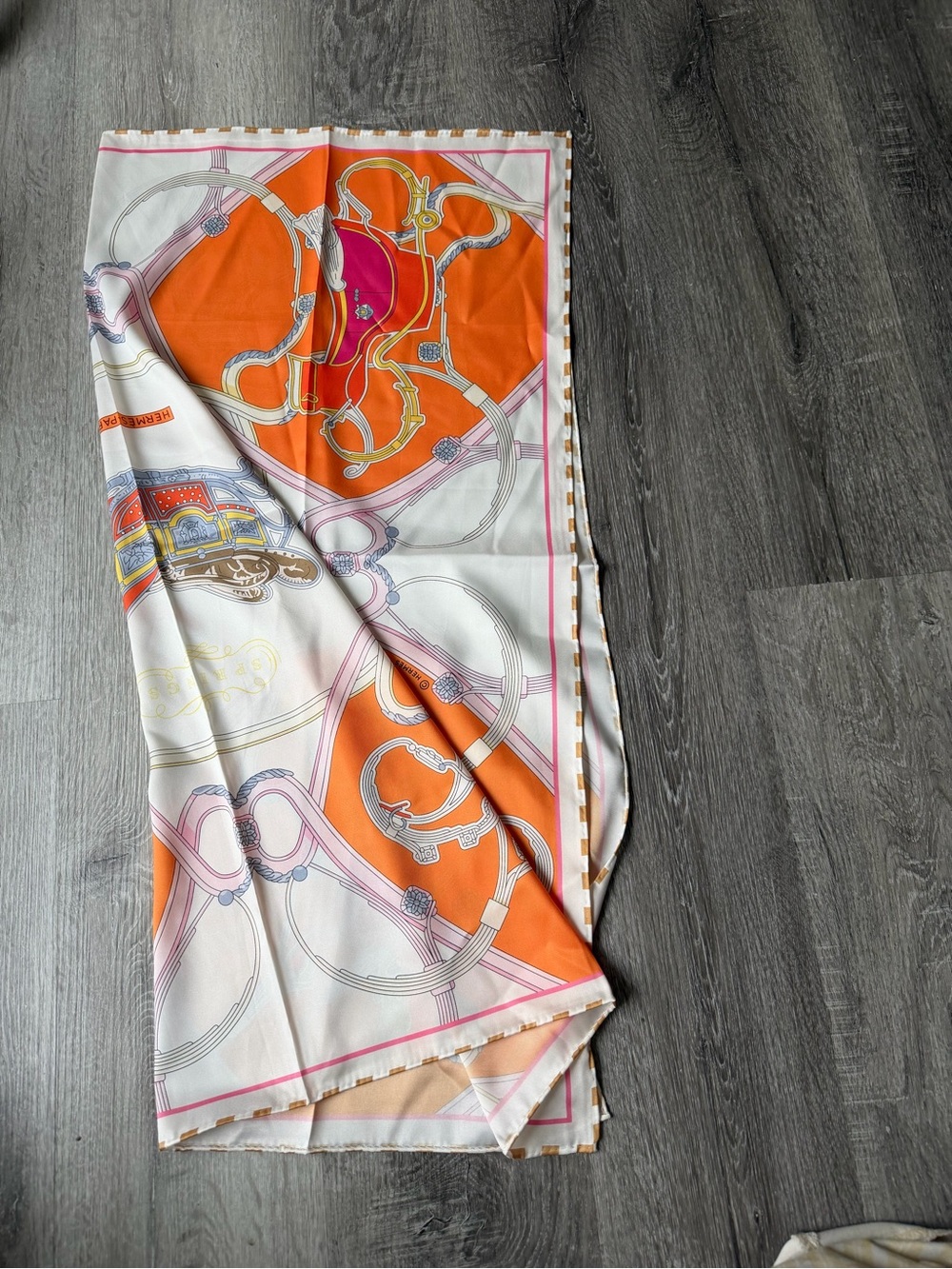 Silk-Feel Orange & White Equestrian Print Scarf